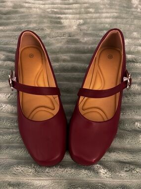 Women's Burgundy Mary Jane Flats with Adjustable Strap